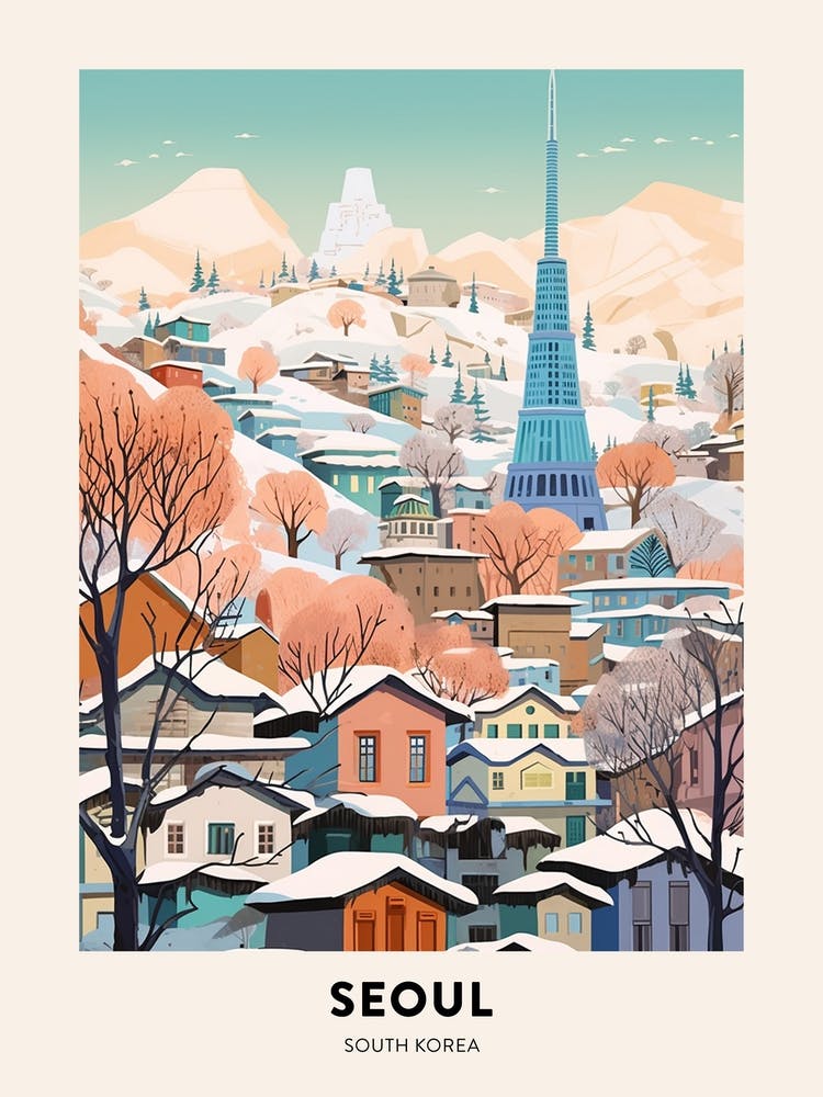 Vintage Winter Travel Poster Seoul South Korea 4