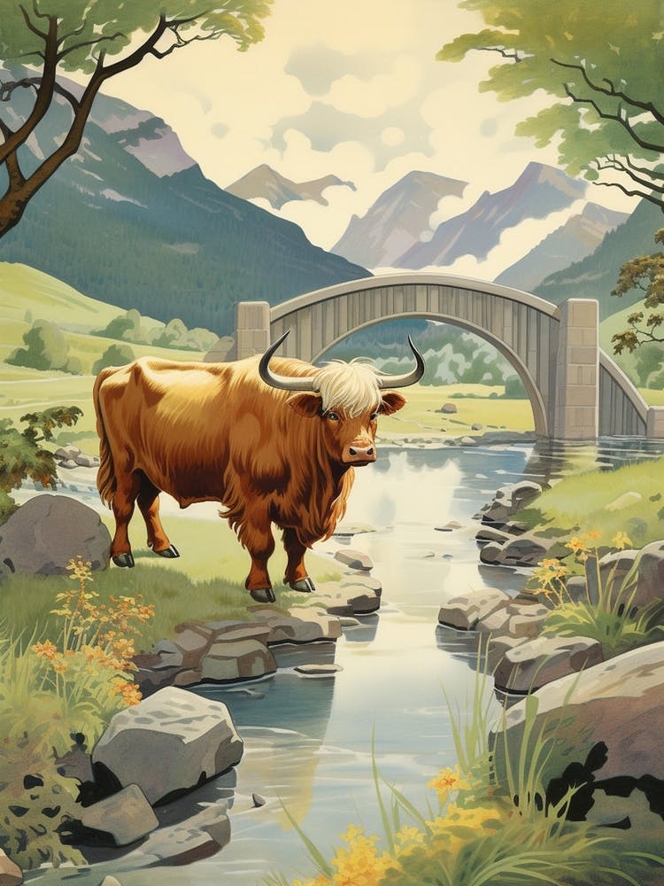 Highland Cow With A Bridge In The Distance