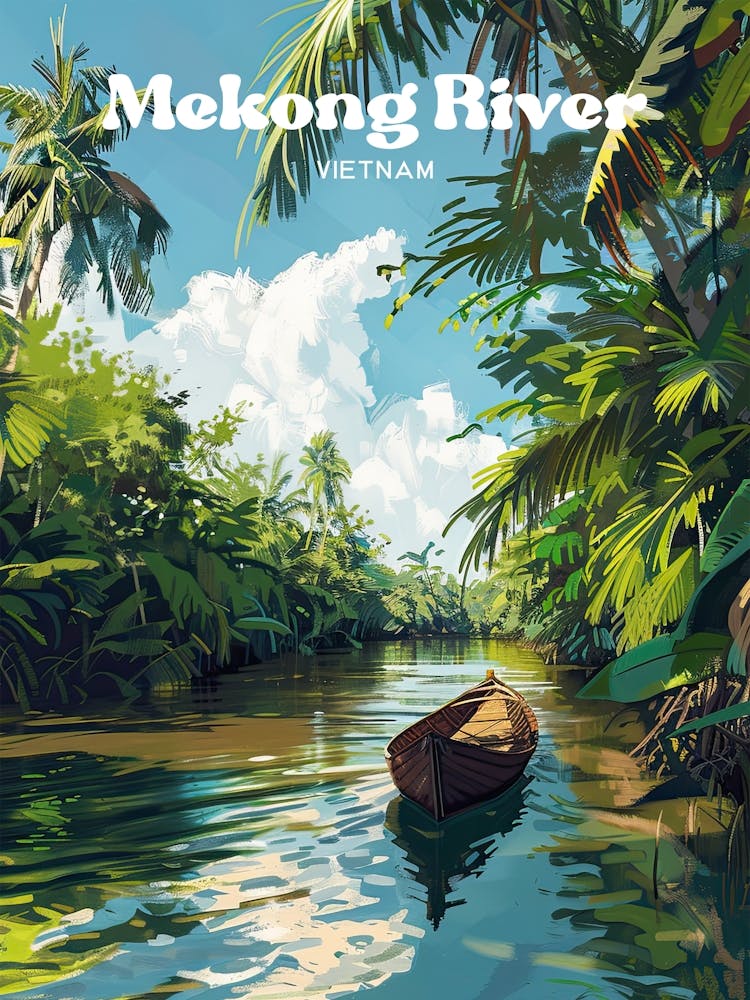 Mekong River Vietnam Historic Travel Illustration
