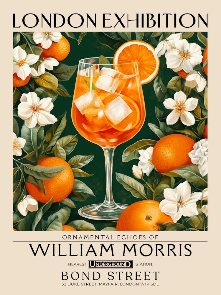 Aperol Spritz cocktail print William Morris style maximalist floral art, summer inspired drink wall art vintage botanical still life eclectic decor for bar cart, living room, kitchen, dining room 5