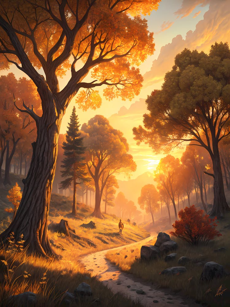 Oil Painting Style Golden Hour Forest Path Warm Autumn Landscape