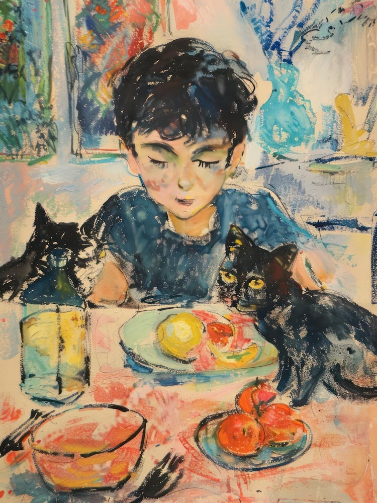 Portrait Of A Boy With Cats Having Dinner 4