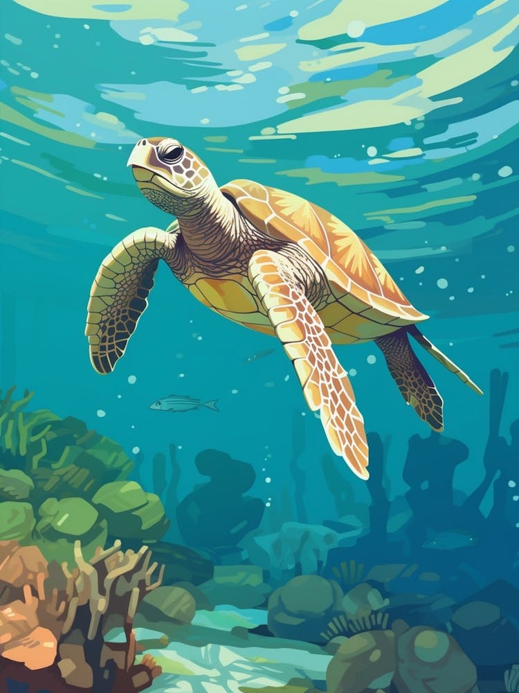 Block Colour Turtle Swimming Aqua 6