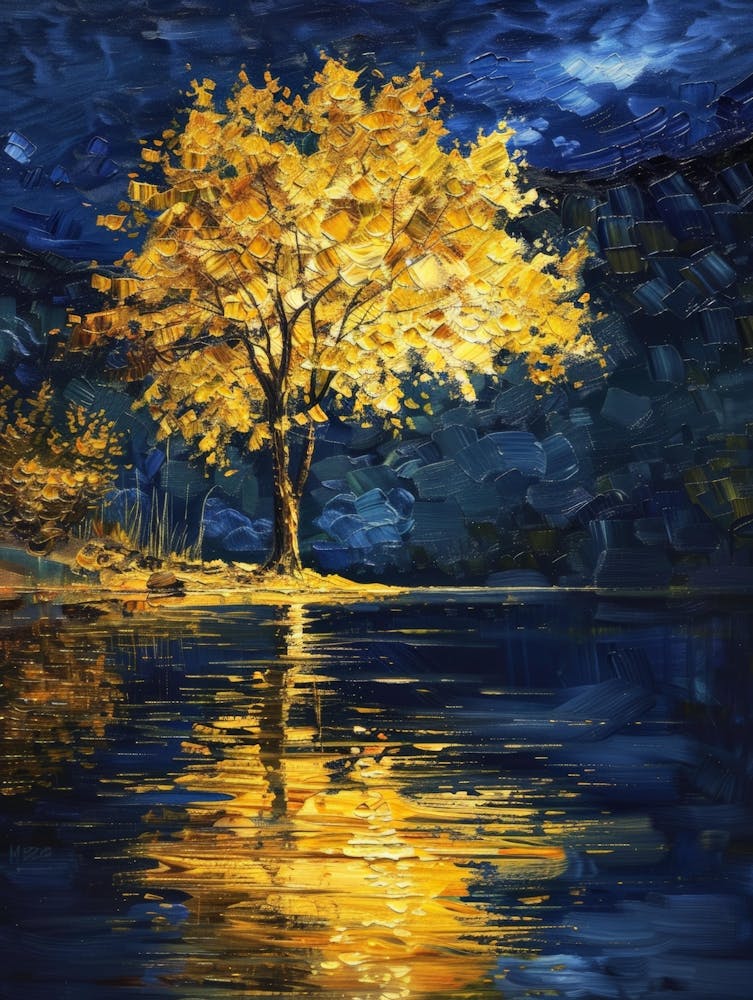 Yellow Tree By The Lake