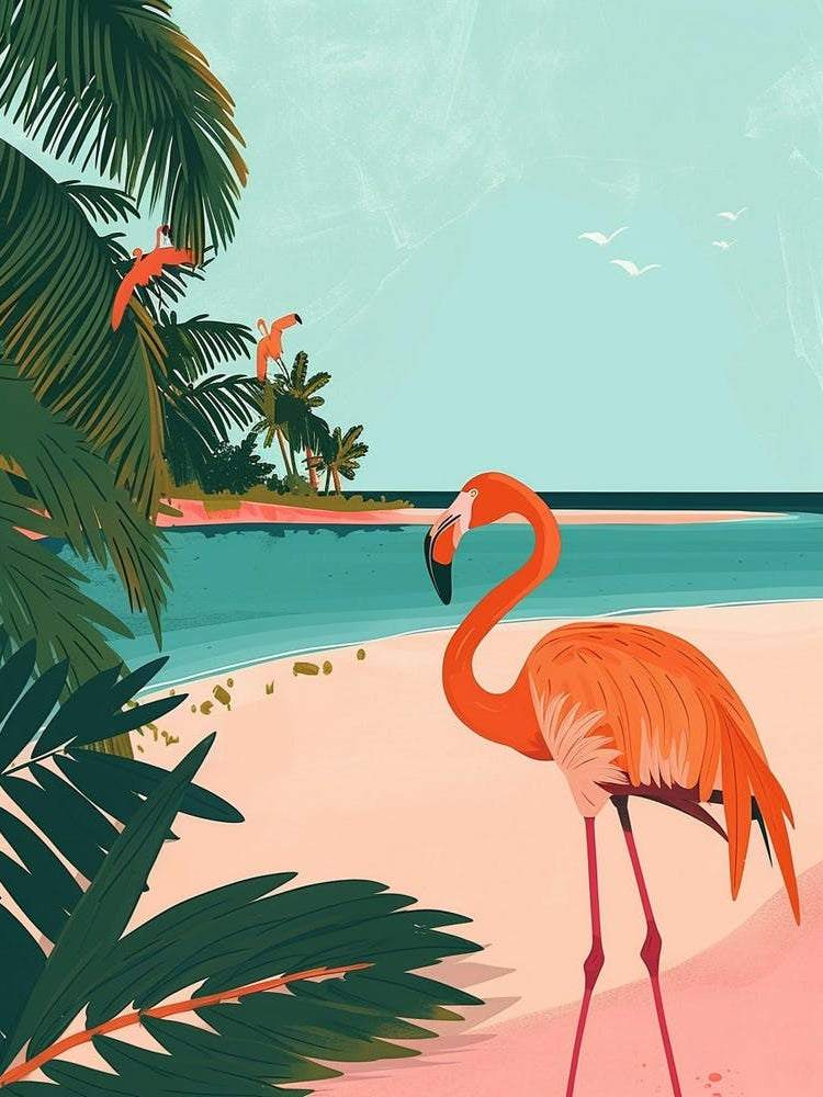Greater Flamingo Pink Sand Beach Bahamas Tropical Illustration 3