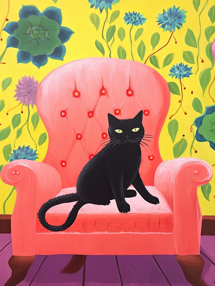 Cute Black Cat Sitting In Pink Armchair