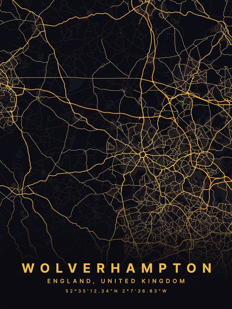 Wolverhampton England Black And Gold Map