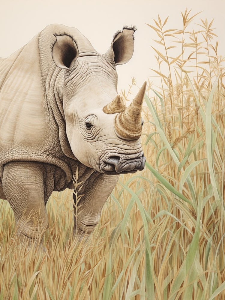 Vintage Nashorn Illustration im Gras 1