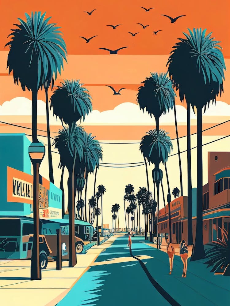 Sunset in the Streets of Venice Beach, Los Angeles, USA - Retro Landscape Beach and Coastal Theme Travel Poster