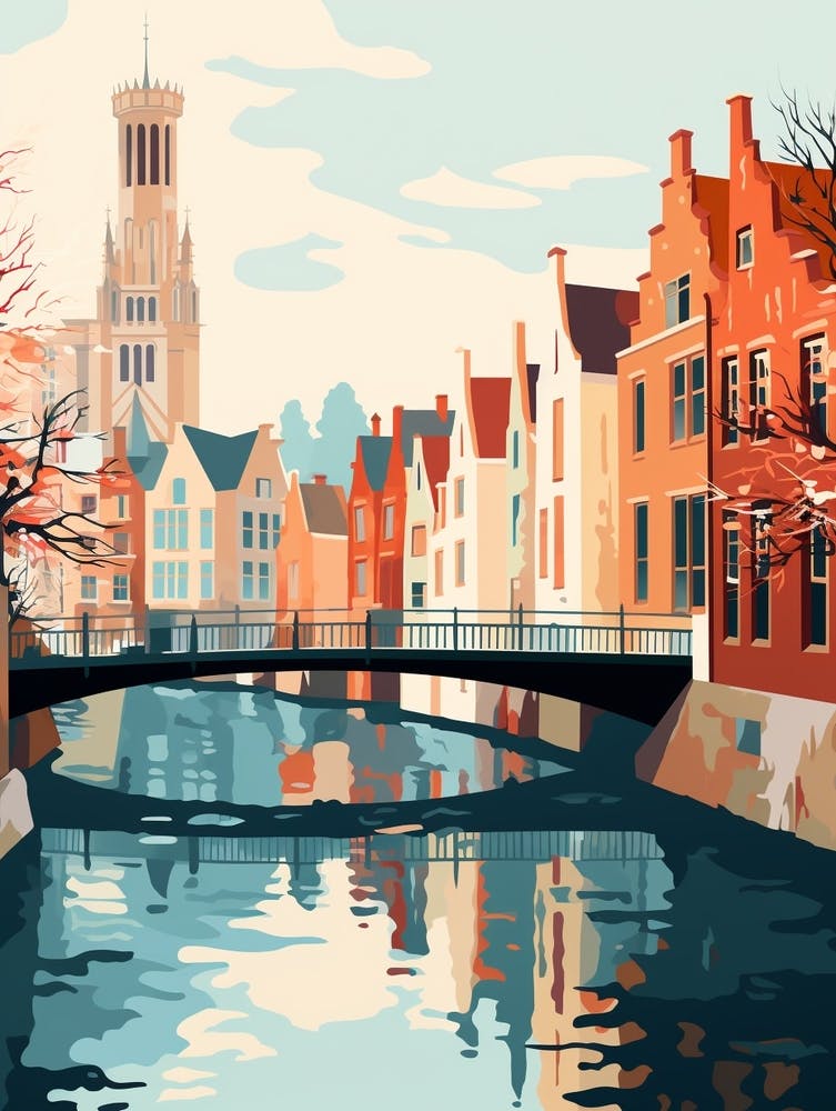Vintage Winter Travel Illustration Bruges Belgium 5