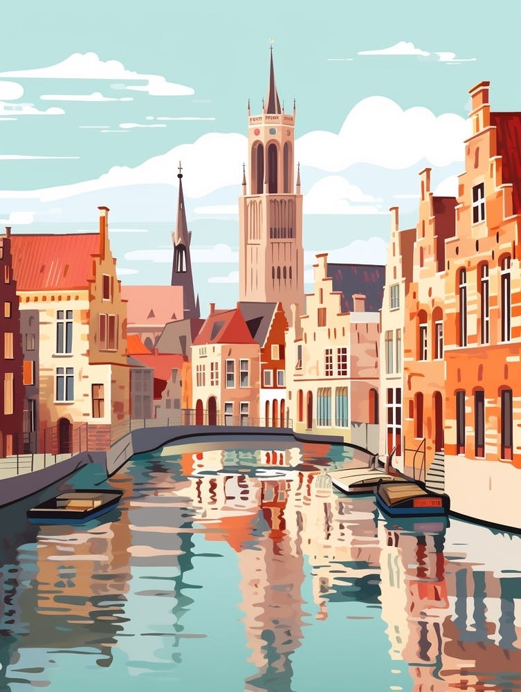Vintage Winter Travel Illustration Bruges Belgium 6