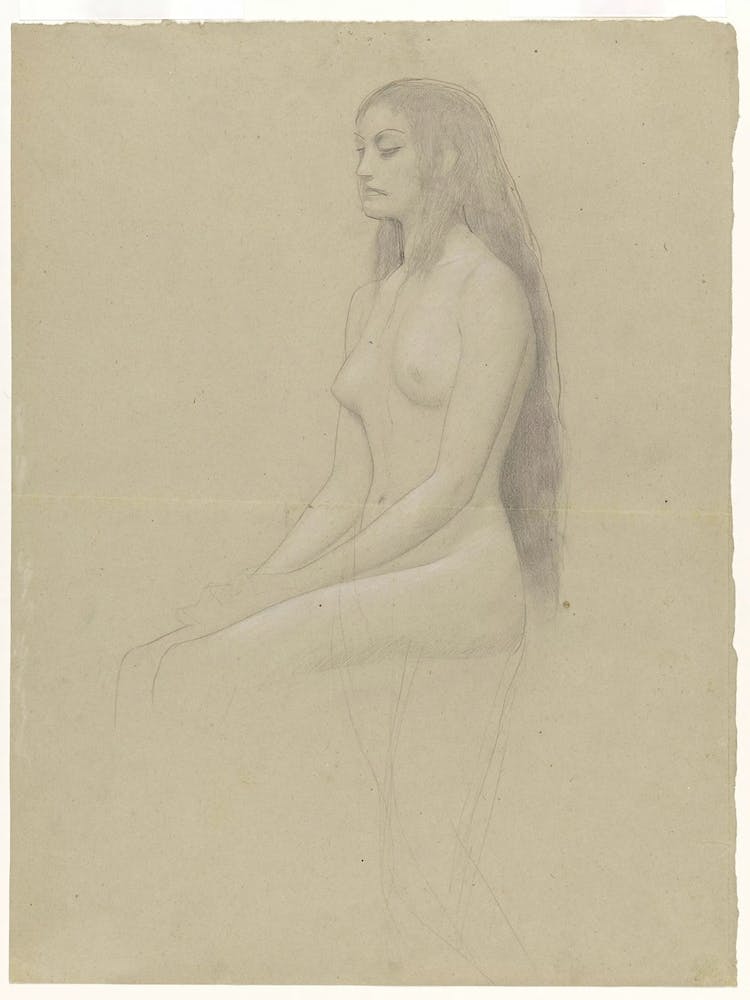 Seated Female Nude With Long Loose Hair To The Left, Gustav Klimt