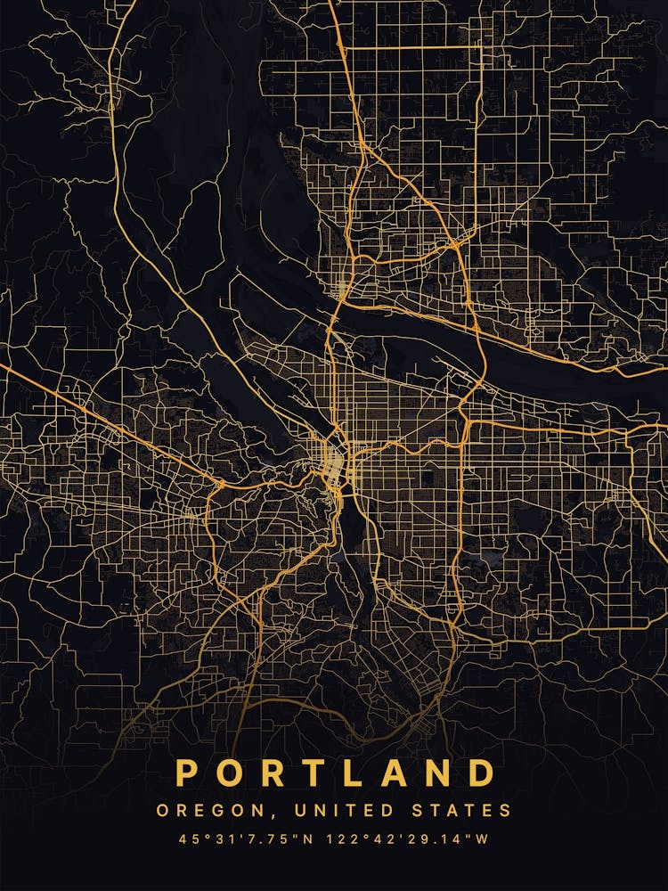 Portland Oregon Usa Black And Gold Map