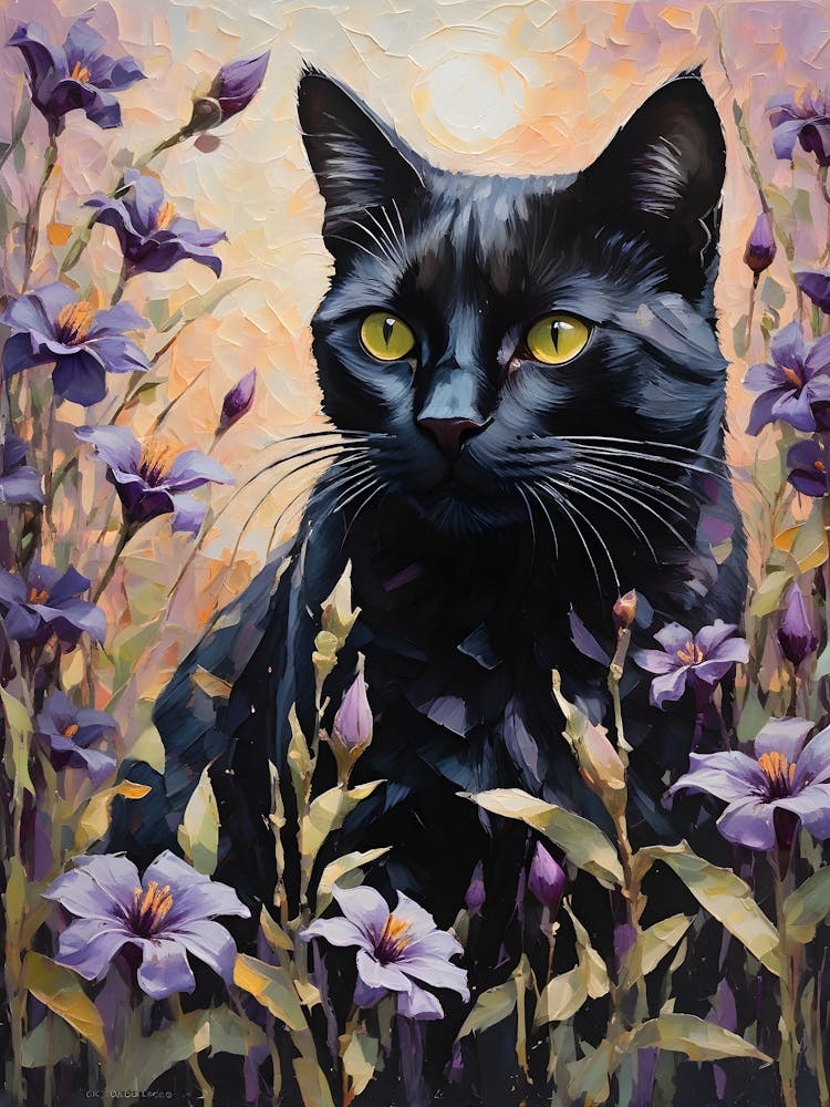 Black Cat Amongst Belladonna Flowers - Oil and Palette Knife Painting of A Beautiful Black Cat Sitting Among the Flowering Atropa Belladonna Deadly Nightshade - Kitty, Cat Lady, Pagan, Feature Wall, Witch, Fairytale Tarot Bastet Litha Colorful Painting in