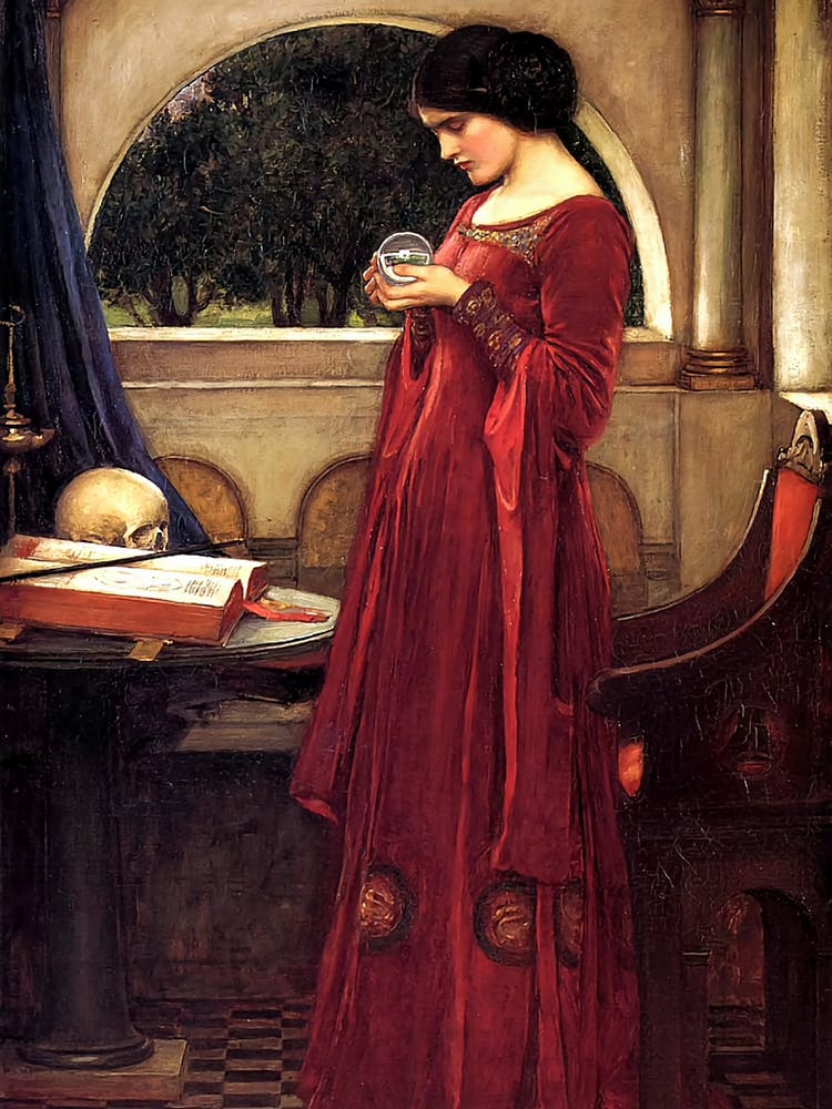 Crystal Ball by John William Waterhouse - Lady in Red Holding Crystal Ball - Gypsy Psychic Fortune Teller Witch Pagan Dreamy Mythological Oil Painting Remastered High Definition Gallery