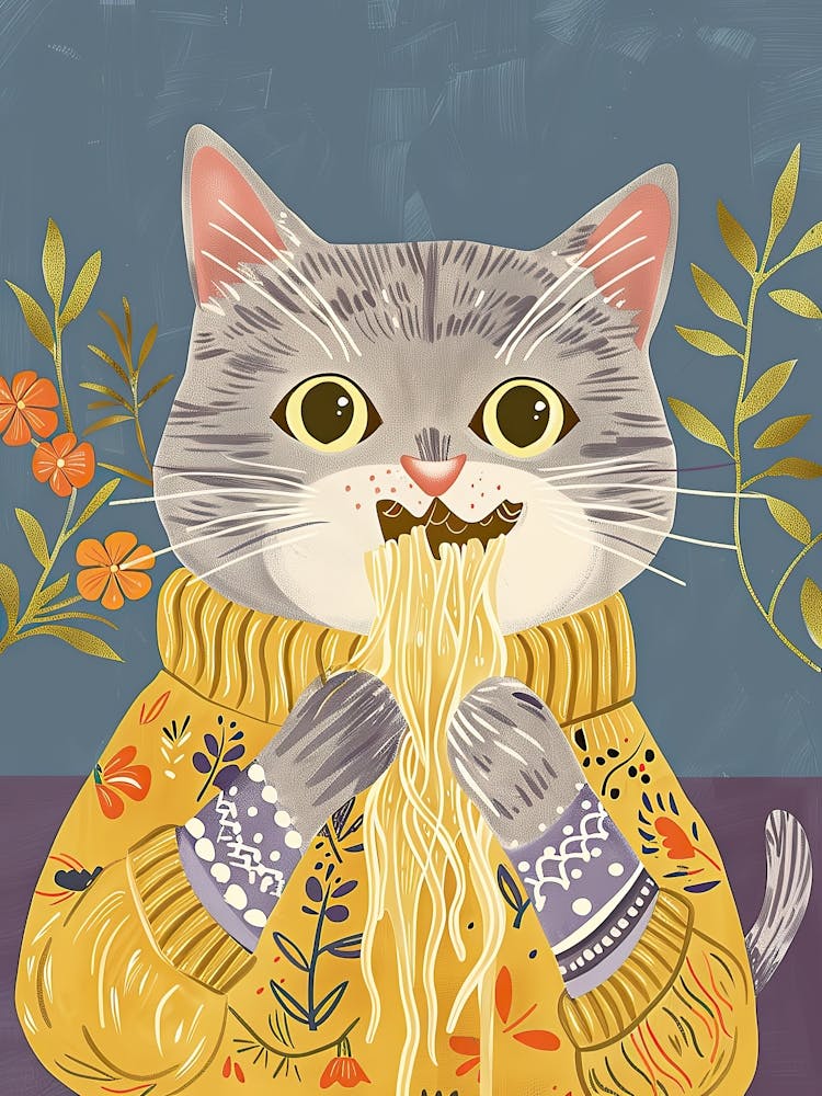 Grey Cat Pasta Lover Folk Illustration 2