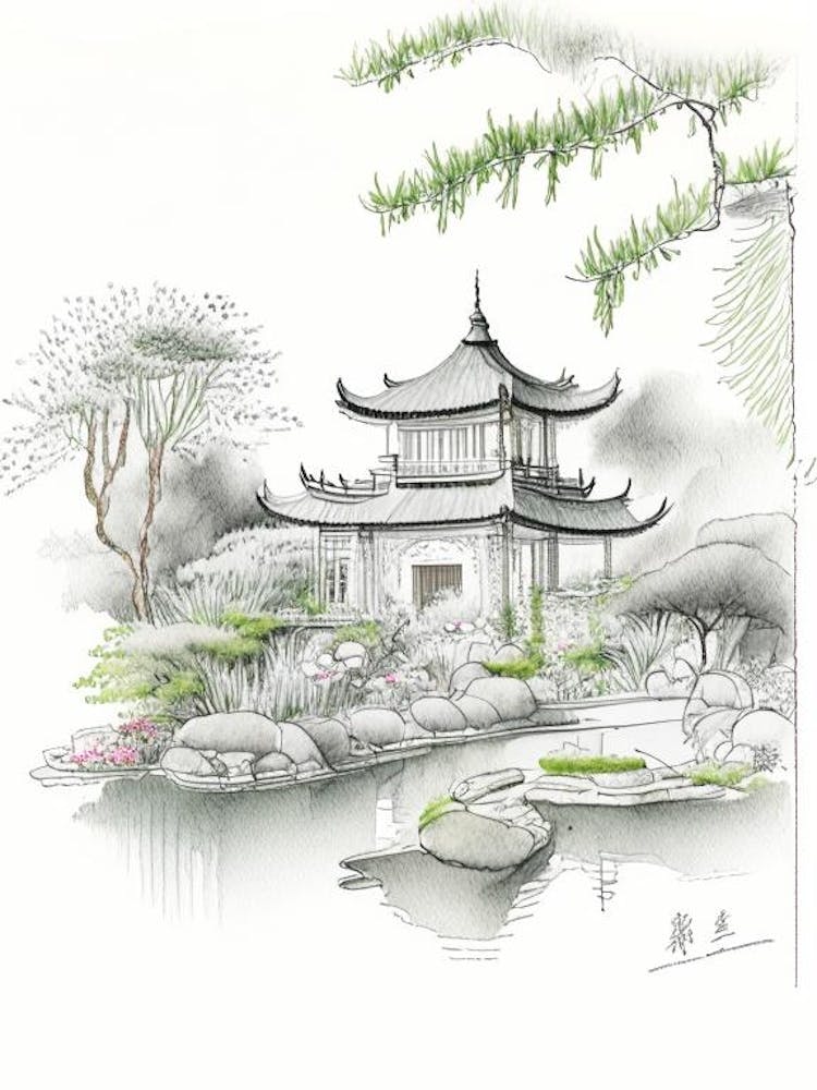 Lan Su Chinese Garden, Usa Vintage Pencil Drawing