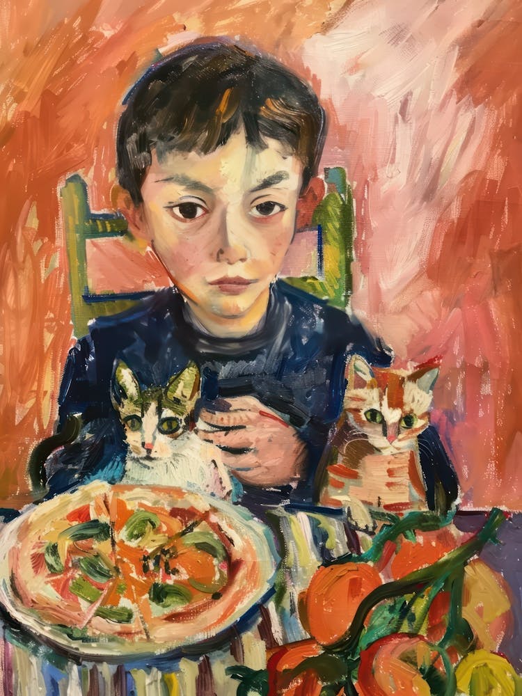 Portrait Of A Boy With Cats Having Pizza 2