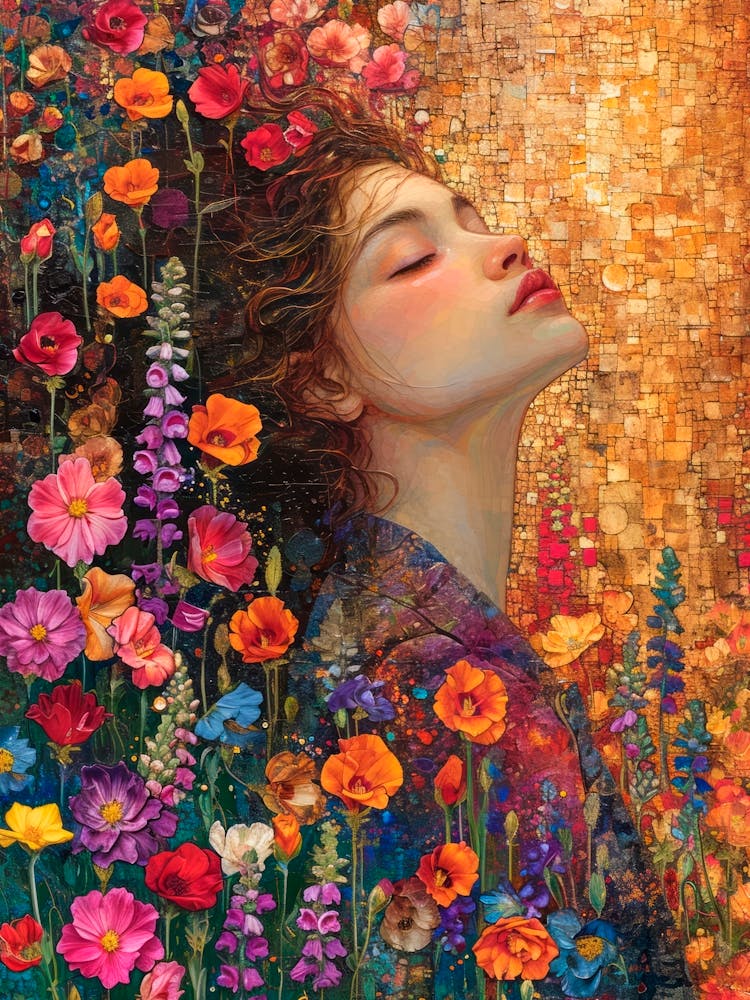 Dreaming of Flowers. Woman Portrait. Gustav Klimt Style