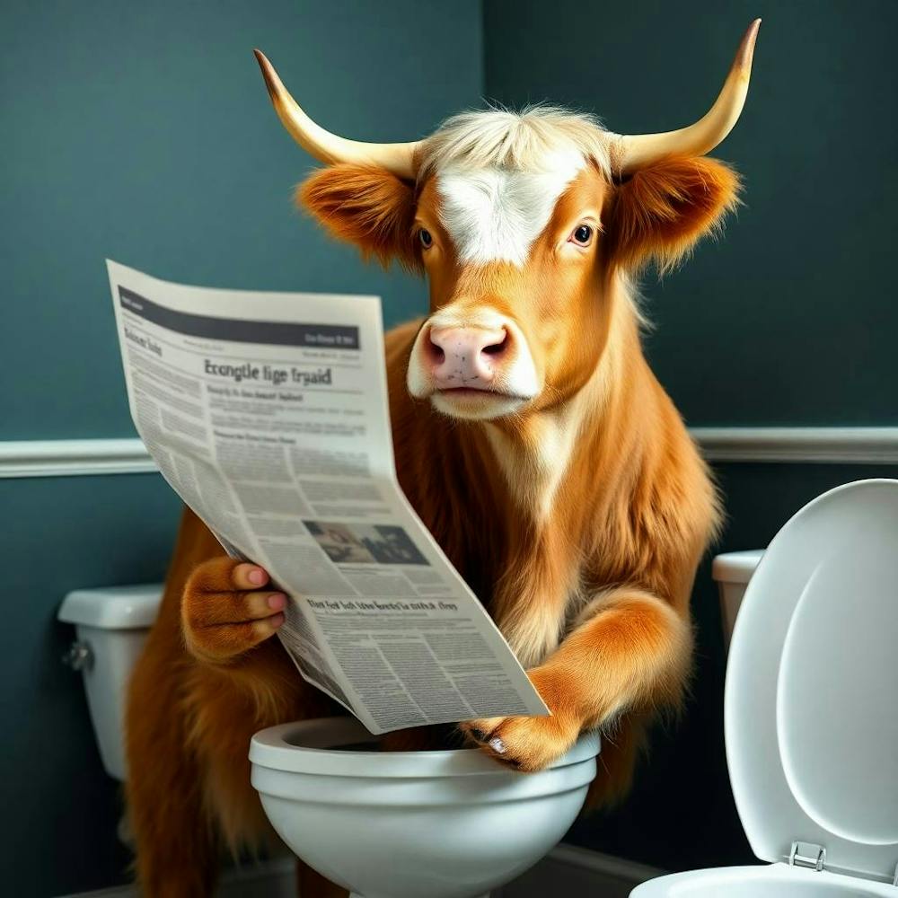 Highland Cow With Refined Features, Reading A Newspaper While Perched On A Toile