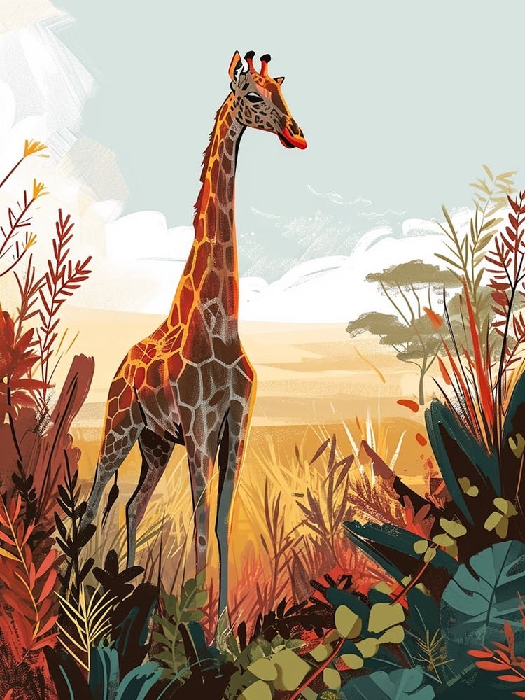 Giraffe In The Wild Colourful Illustration 1