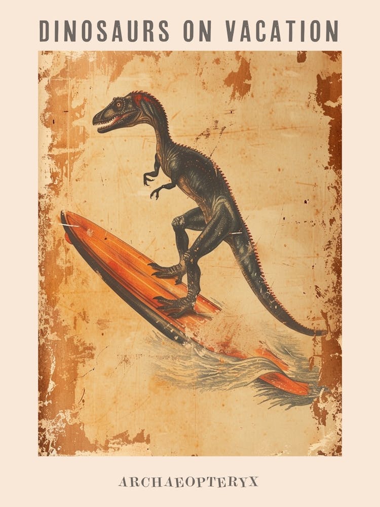 Vintage Archaeopteryx Dinosaur On A Surf Board Poster