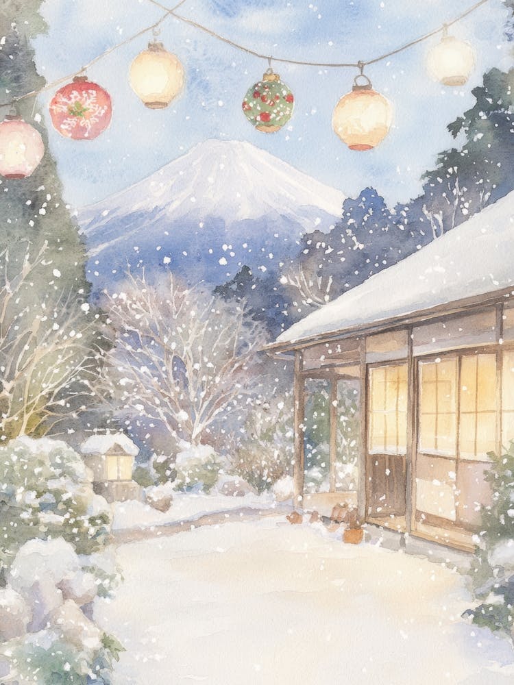 Japanische Weihnachtslandschaft Aquarell