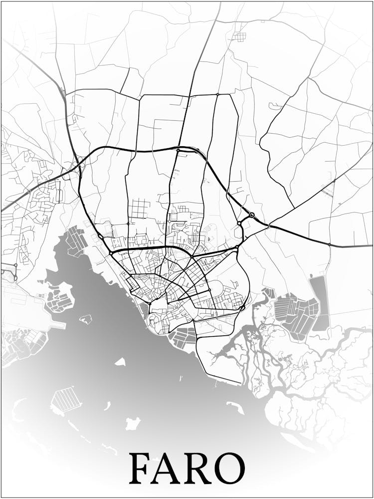 Faro, Portugal, City Map, Black And White Fade Design