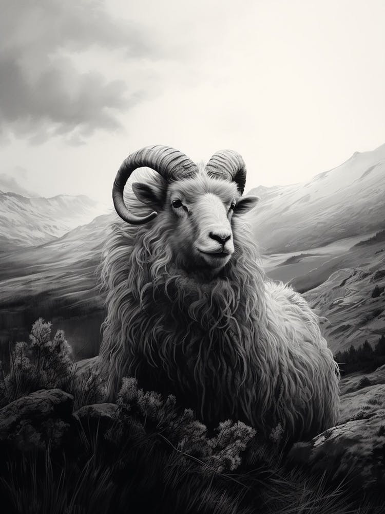 Illustration Orageuse en Noir & Blanc de Moutons des Highlands 2