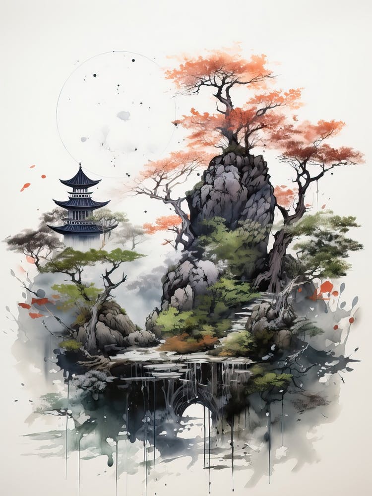 Rikugien Garden In Tokyo, Japanese Brush Painting, Ukiyo E, Minimal 4