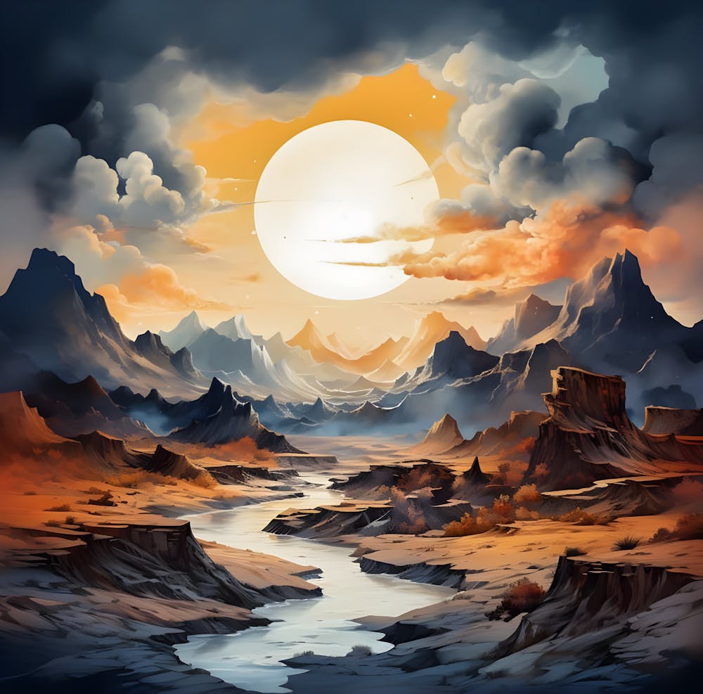 Desert Sunrise: Majestic Mountains and River Landscape