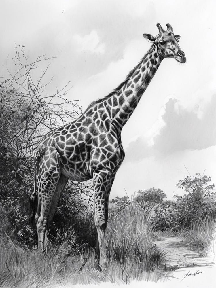 Pencil Portrait Of A Giraffe Standing 2