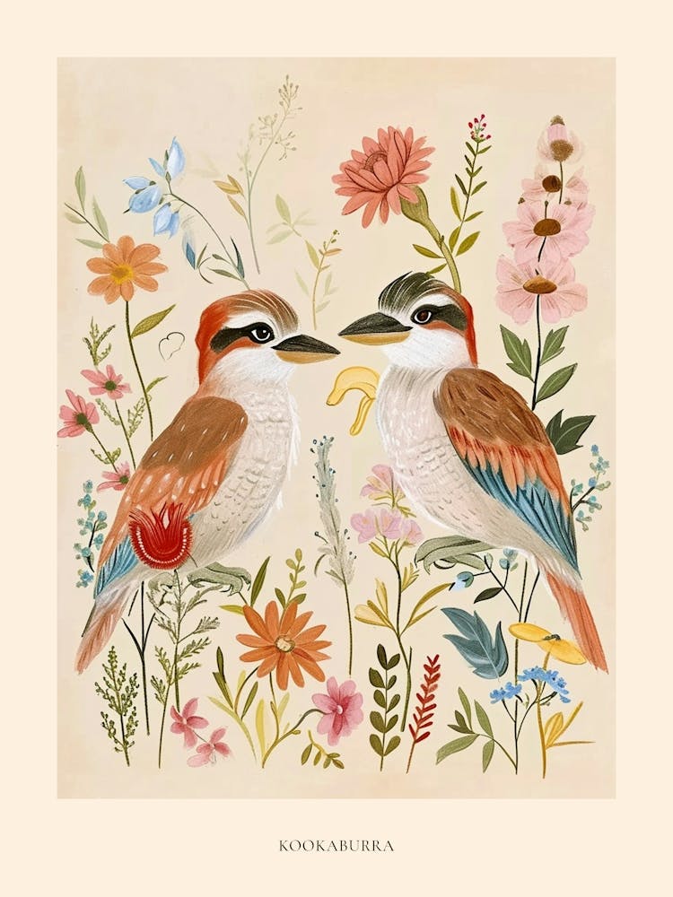 Folksy Floral Animal Drawing Kookaburra 3 Poster
