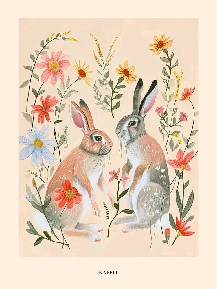 Folksy Floral Animal Drawing Rabbit 5 Poster