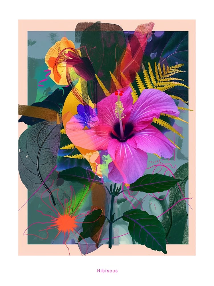 Hibiscus 3 Neon Flower Collage Poster