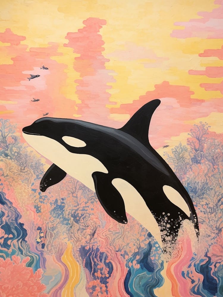 Regenbogenwellen Orca Buntstiftzeichnung 1