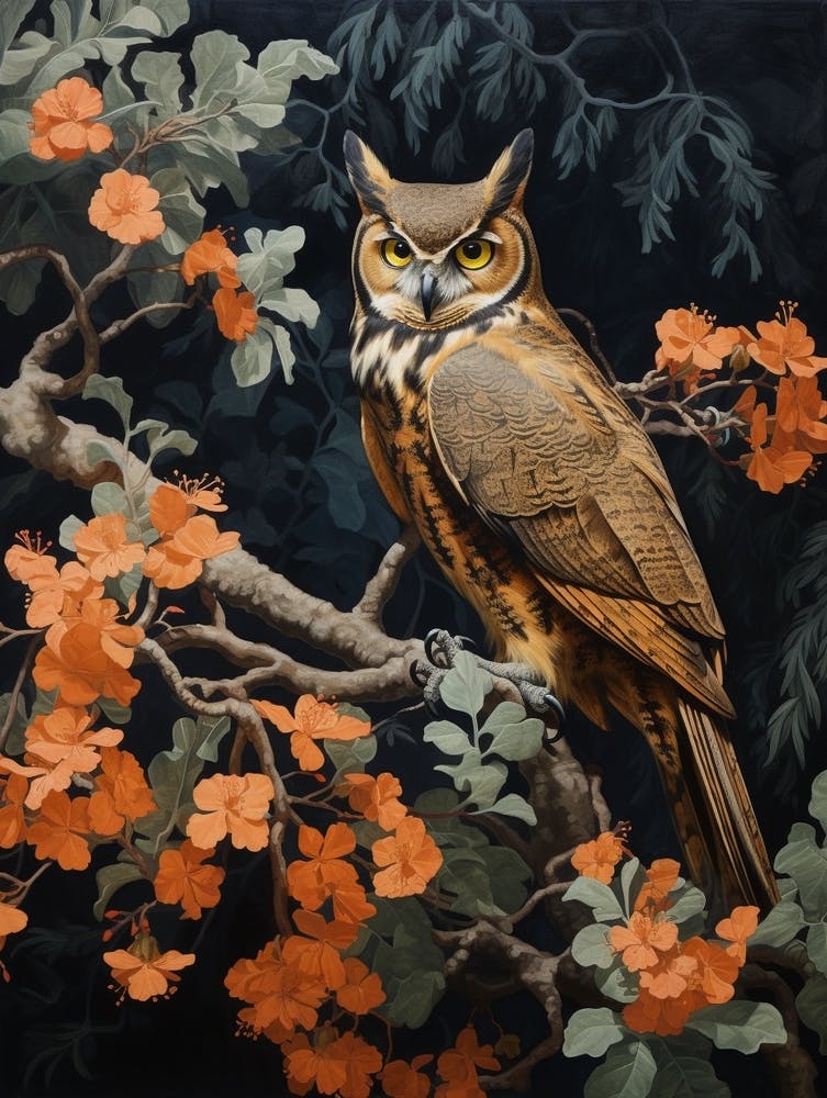 Dark And Moody Botanical Great Horned Owl 2