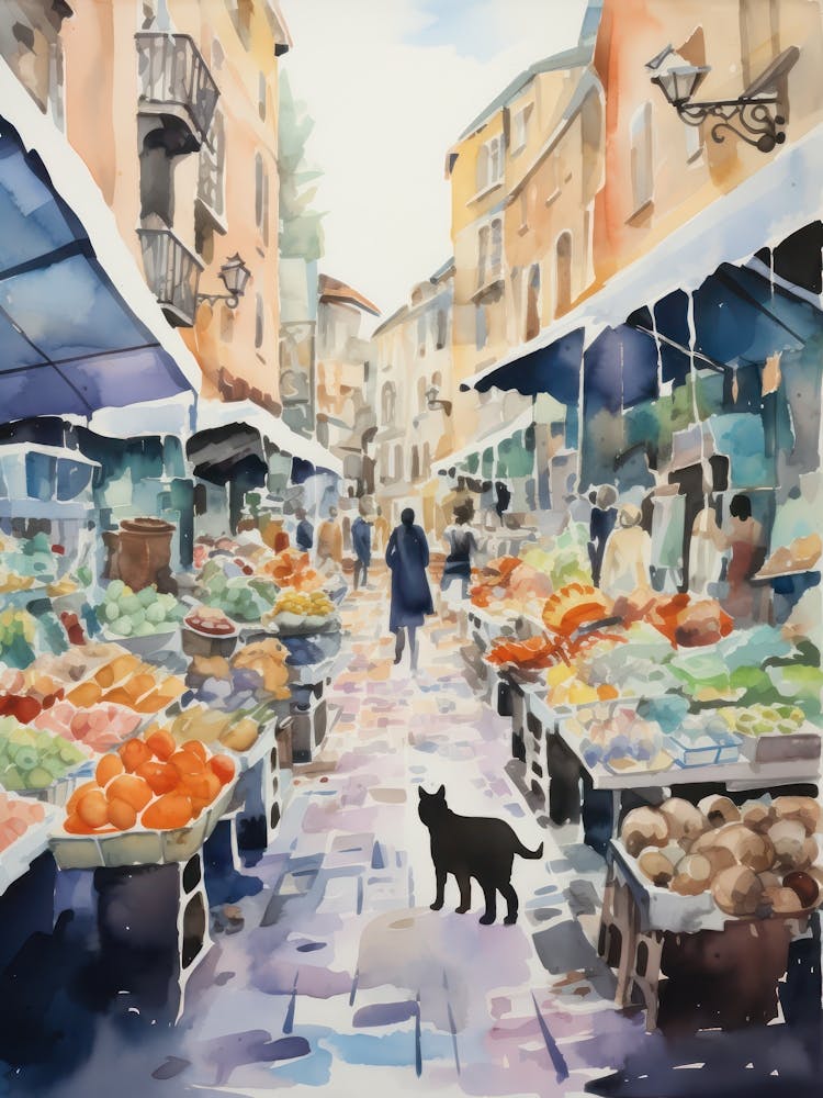 Food Market With Cats In Rome 3 Watercolour