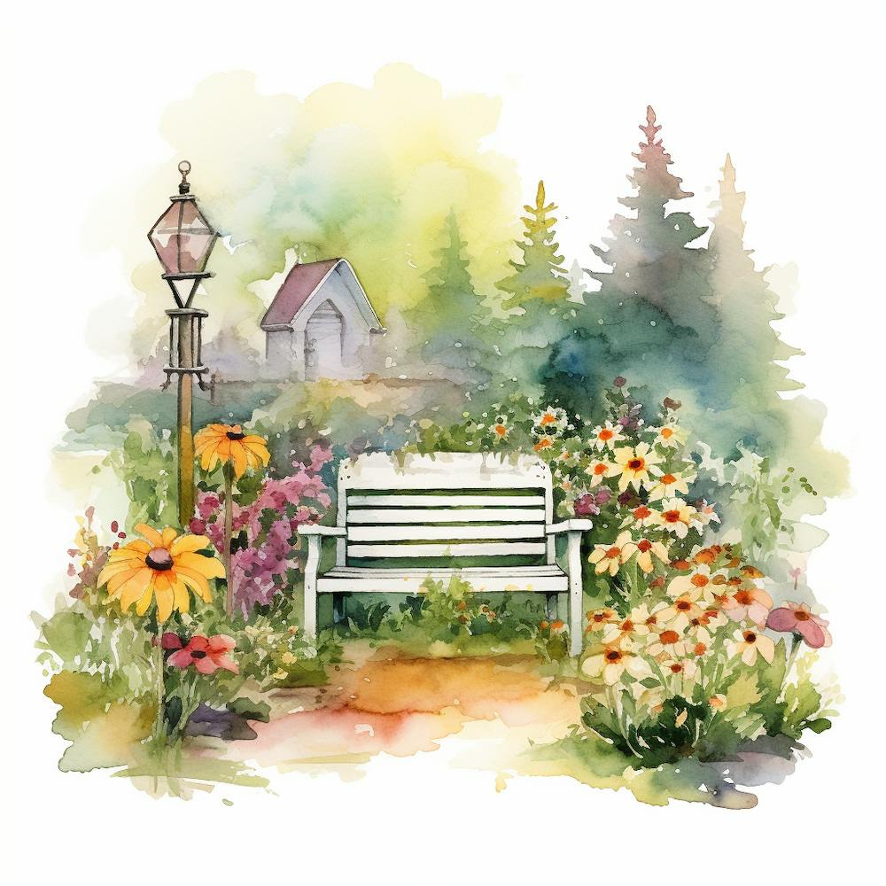 Marion Flower Garden With Bench Watercolor White Background Bd6a852d 6457 4b20 Aad7 C902877eb335