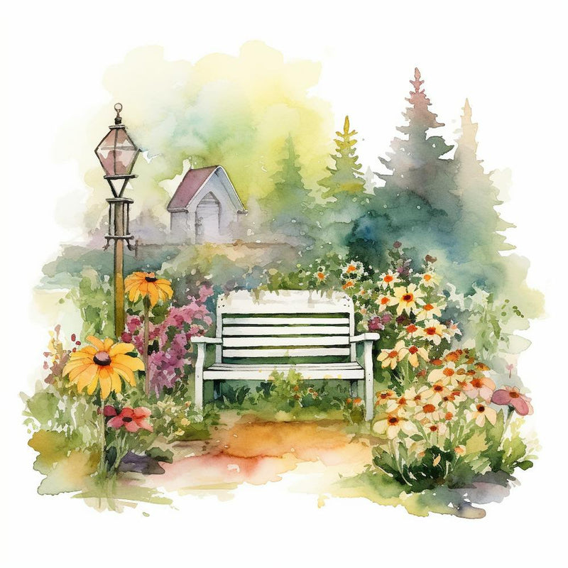 Marion Flower Garden With Bench Watercolor White Background Bd6a852d 6457 4b20 Aad7 C902877eb335