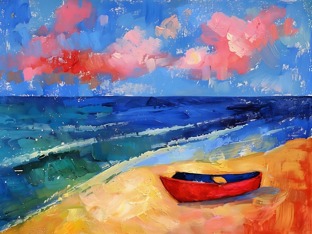 Red Boat On The Beach Oil Painting