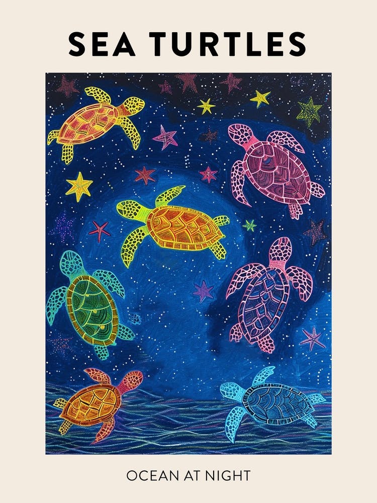 Sea Turtles In The Stars Crayon Drawing Poster