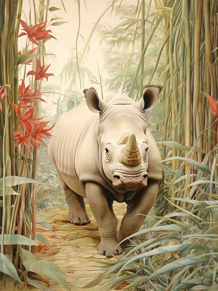 Vintage Illustration Of A Rhino Walking Through The Leaves 1
