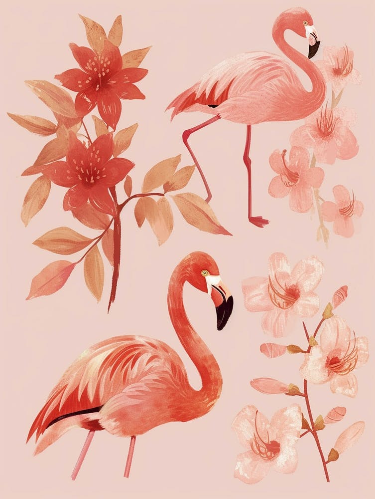 Lesser Flamingo And Bougainvillea Minimalist Illustration 2