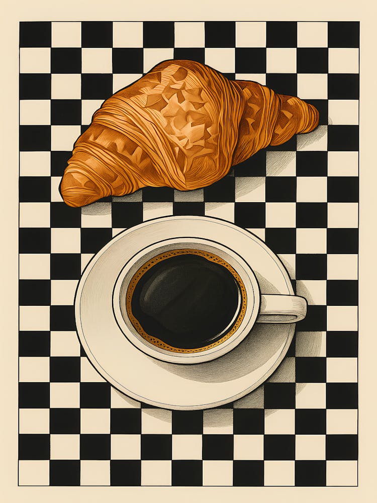 French Cafe Wall – Croissant and Coffee Illustration on Checkerboard