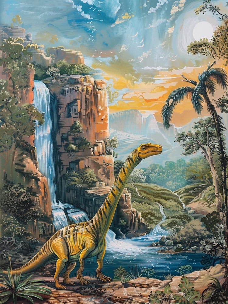 Dinosaur By A Waterfall Landscape Painting 2