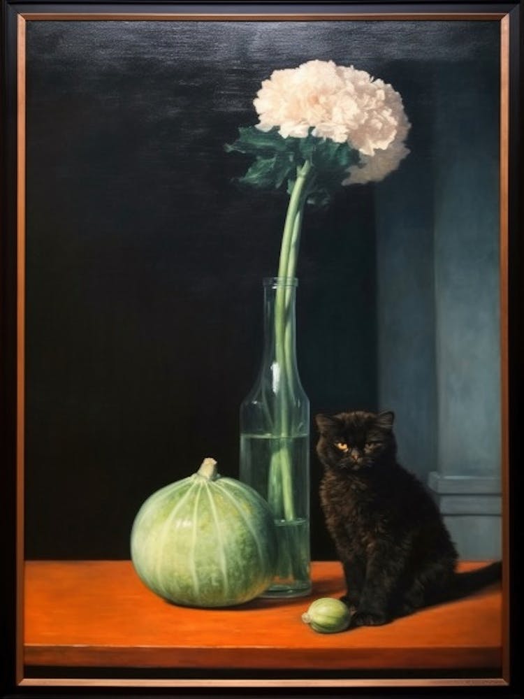 Painting Of A Still Life Of A Gladioli With A Cat, Realism 1