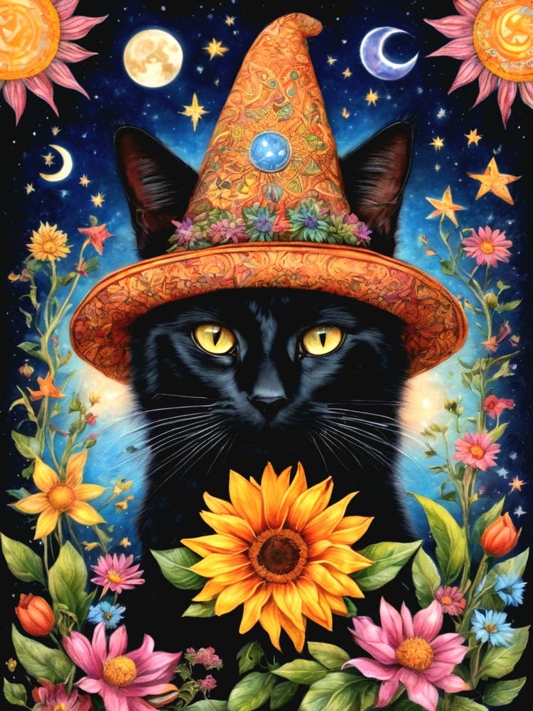 Magick Cat - Black Cat in Witch Witchy Hat Tarot Print - By Free Spirits and Hippies Official Wall Decor Artwork Hippy Bohemian Meditation Room Typography Groovy Trippy Psychedelic Boho Yoga Chick Gift For Her