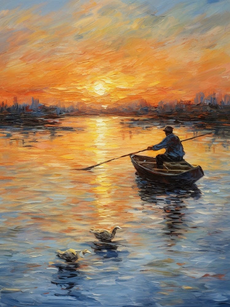 Ducklings In The Sunset With A Fishing Boat Impressionism Painting 1