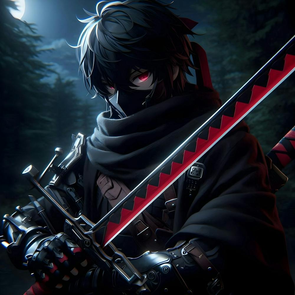 Ninja standing in a forest, he has a red sword (1)